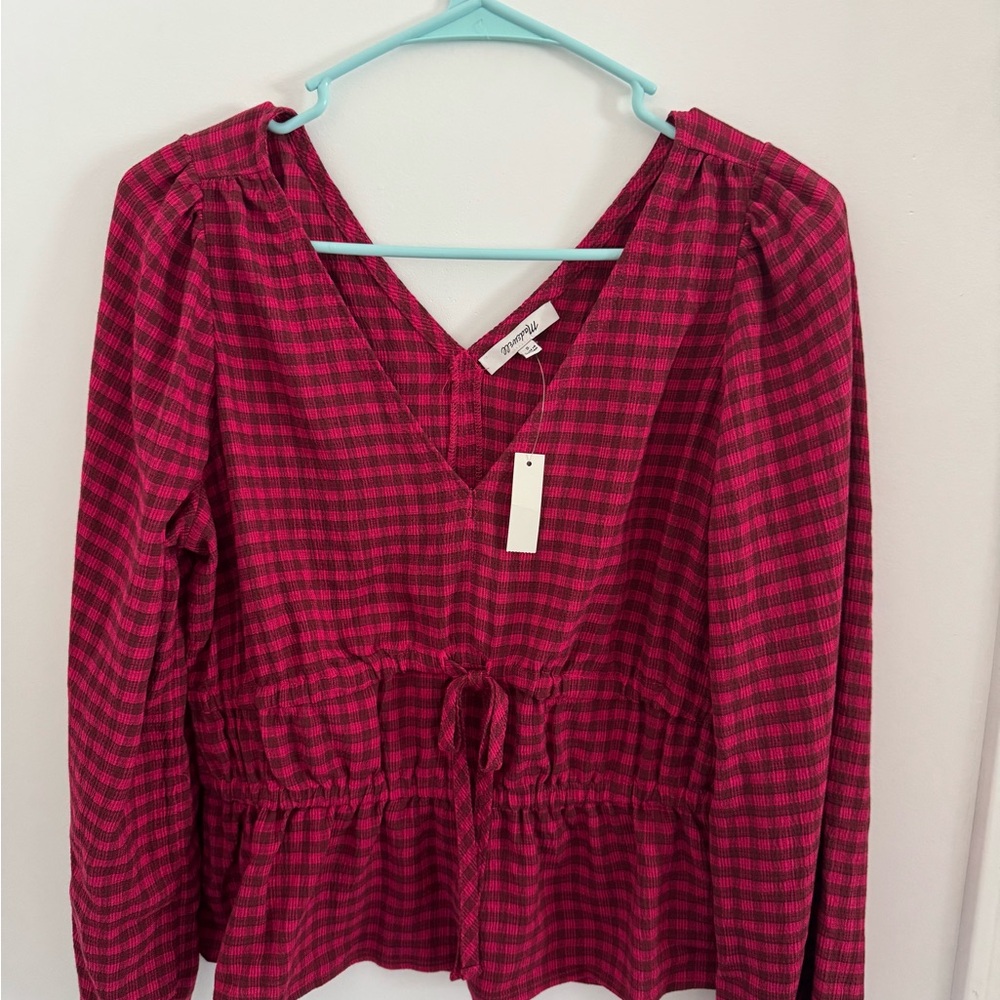 Madewell Crinkled V-Neck Peplum Top in Plaid